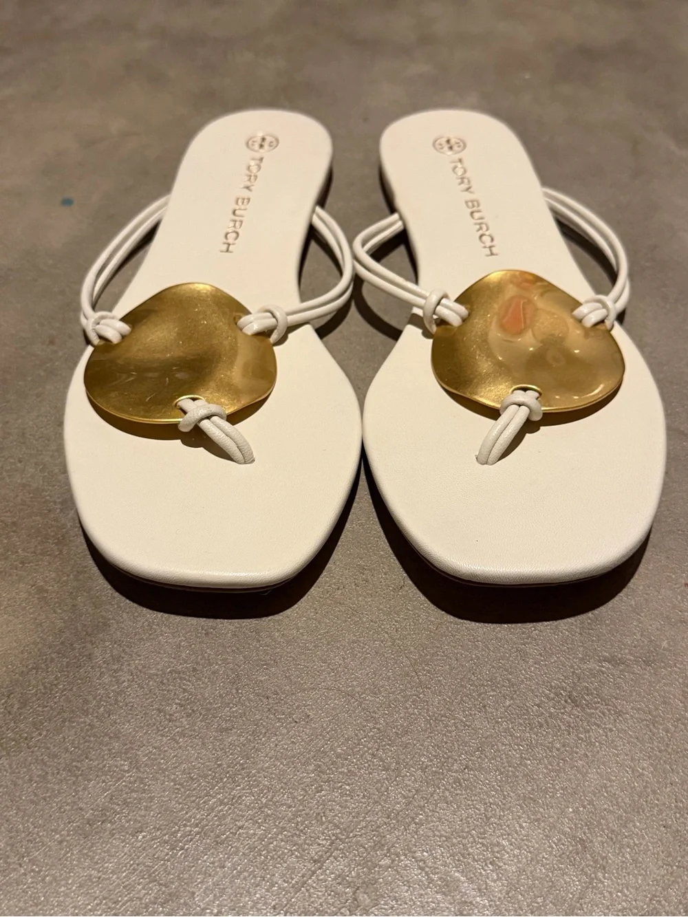 Tory Burch Patos White Leather Sandals with Gold Disc